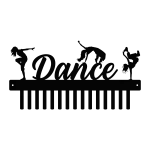 Black metal dance medal holder with the word 'Dance' cut out in the center. Above the word, three dancer silhouettes in different poses. Below, 15 hooks for hanging medals. Rectangular with mounting holes on either side.